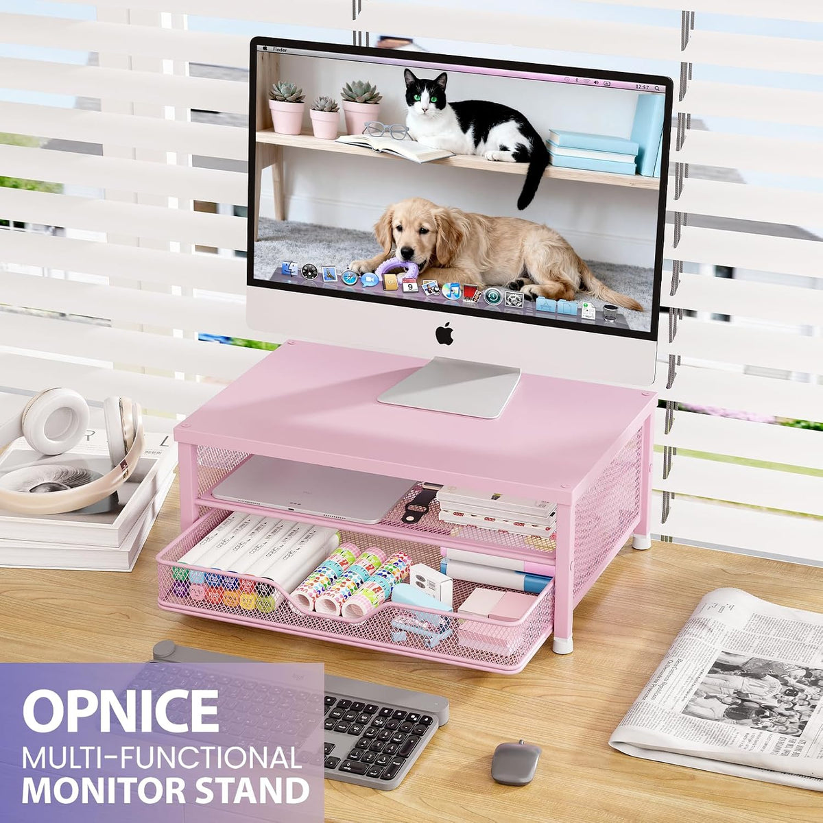Computer Monitor Stand Riser, Desk Organizer with Drawer, Printer & Laptop Stand, Office Desk Accessories & Workspace Desktop Organizers Storage for Office Supplies(Pink)