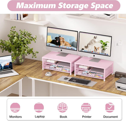 Computer Monitor Stand Riser, Desk Organizer with Drawer, Printer & Laptop Stand, Office Desk Accessories & Workspace Desktop Organizers Storage for Office Supplies(Pink)