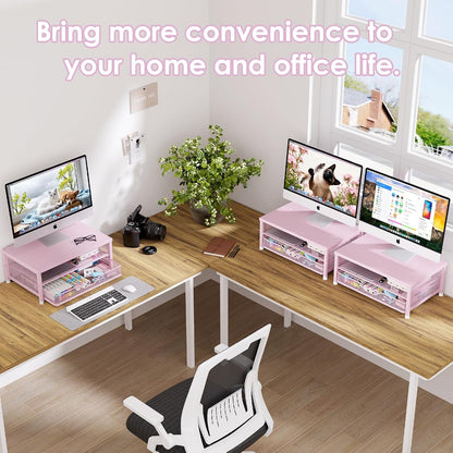 Computer Monitor Stand Riser, Desk Organizer with Drawer, Printer & Laptop Stand, Office Desk Accessories & Workspace Desktop Organizers Storage for Office Supplies(Pink)