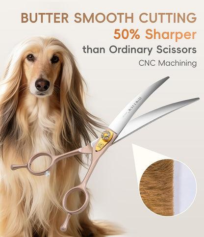 45° Extra Curved Dog Grooming Scissors 440C Stainless Steel 7.5'' Big Arc Curved Shears Rose Gold Sharp and Durable Trimming Scissors for Dogs and Cats