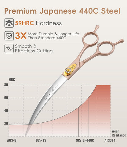 45° Extra Curved Dog Grooming Scissors 440C Stainless Steel 7.5'' Big Arc Curved Shears Rose Gold Sharp and Durable Trimming Scissors for Dogs and Cats