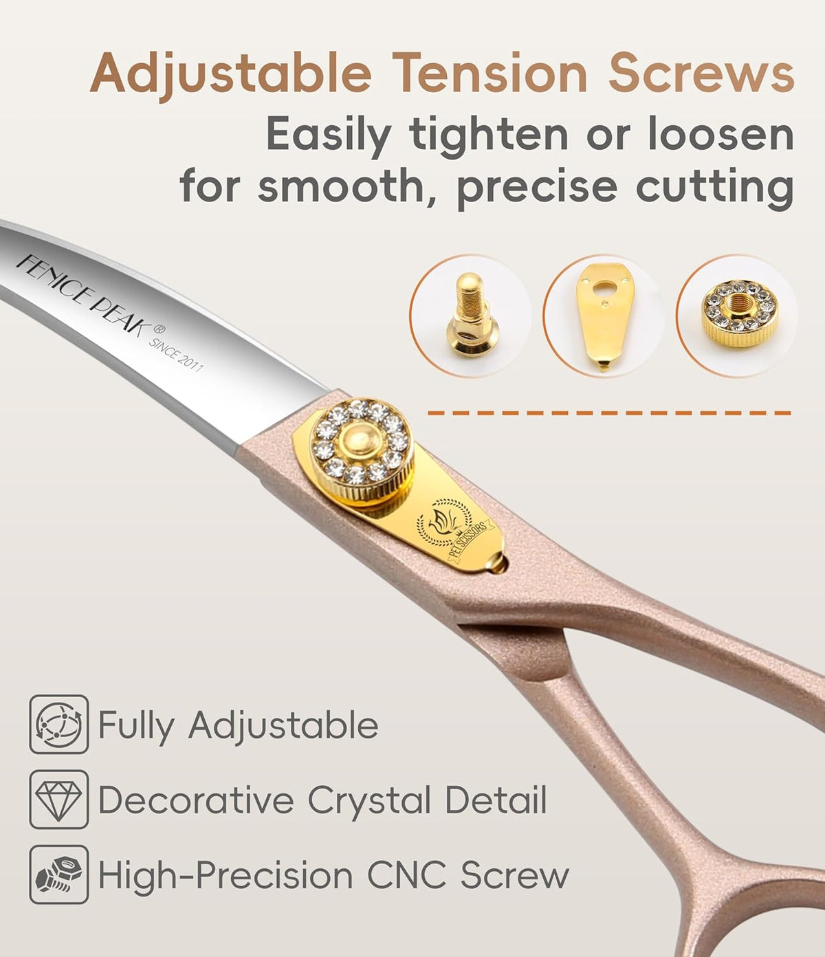 45° Extra Curved Dog Grooming Scissors 440C Stainless Steel 7.5'' Big Arc Curved Shears Rose Gold Sharp and Durable Trimming Scissors for Dogs and Cats