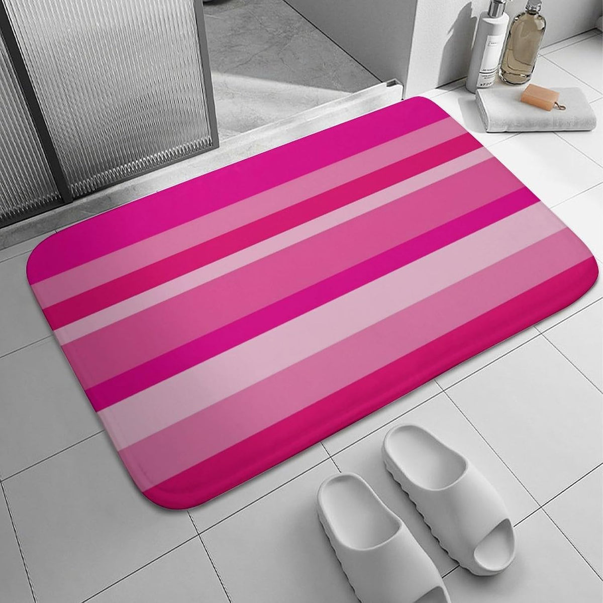 Pink Horizontal Stripes Bathroom Rug, Non Slip & Soft Absorbent Bath Mat Carpets for Bathroom 16" x 24"