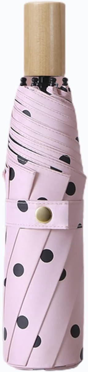 Compact Umbrella, Windproof Polka Dot Solid Wood Handle Compact Folding Umbrella, 8 Ribs UPF 50+ UV Protection, Men Women(Pink)