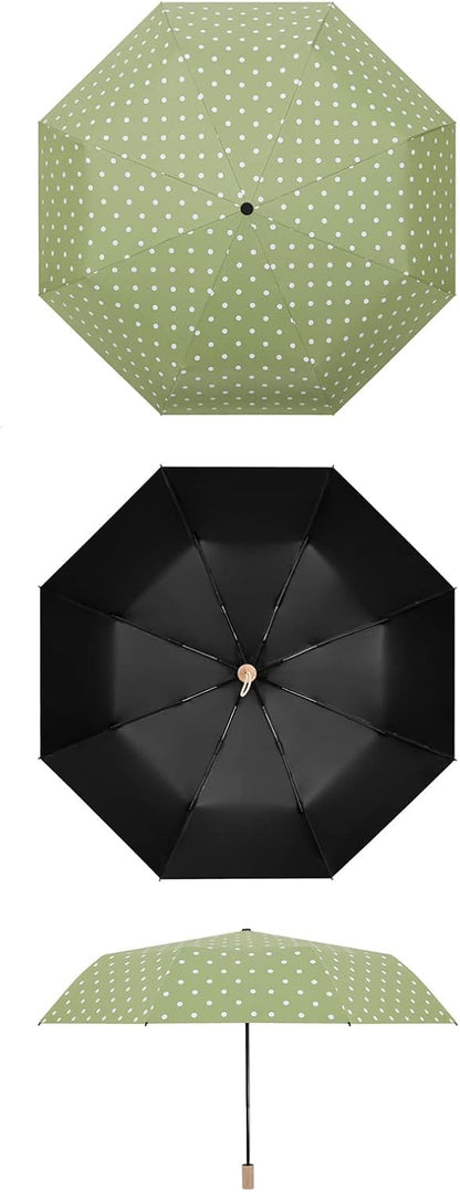 Compact Umbrella, Windproof Polka Dot Solid Wood Handle Compact Folding Umbrella, 8 Ribs UPF 50+ UV Protection, Men Women(Pink)