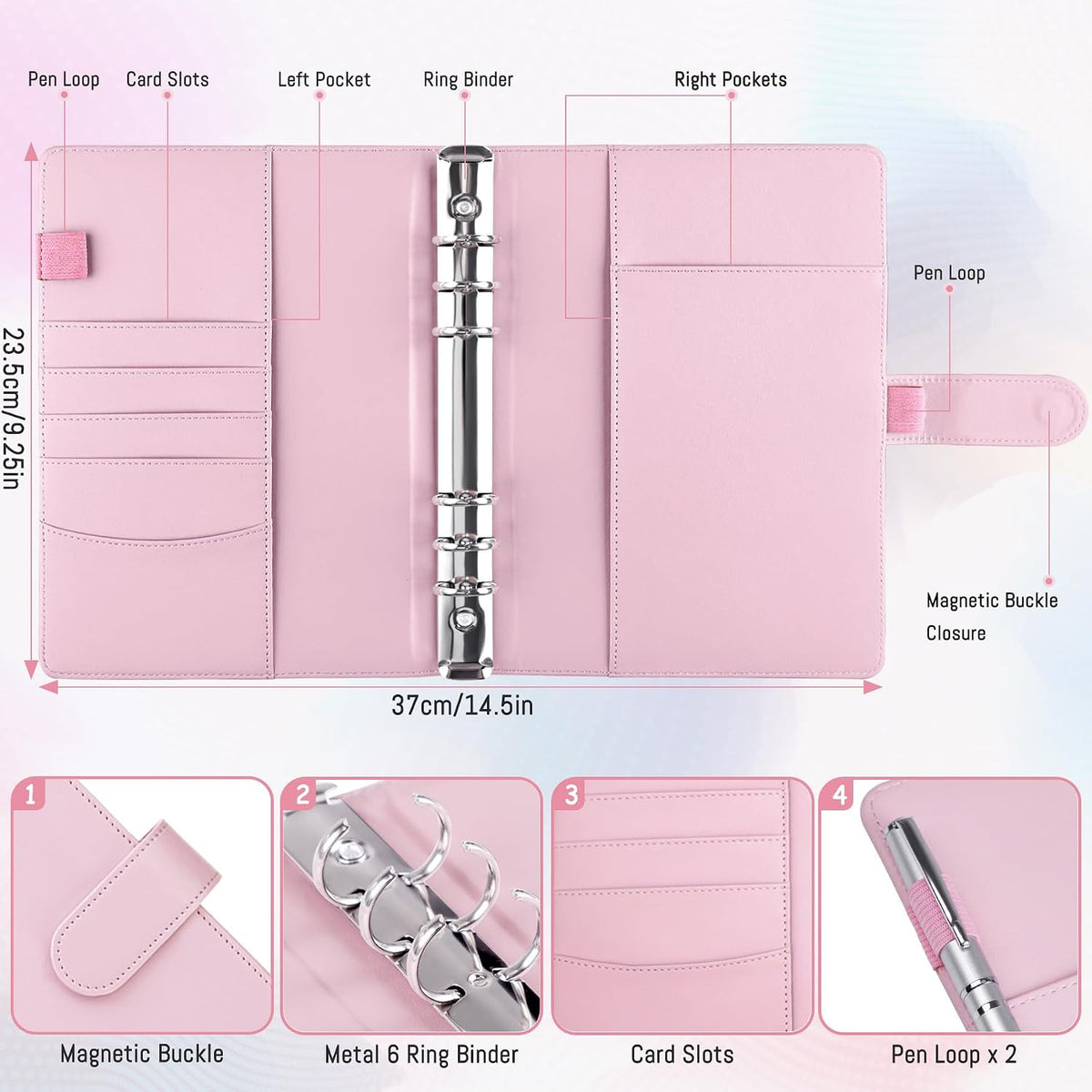 A5 Binder 6 Ring Refillable Notebook Planner Cover for A5 Planner Inserts & Refill Paper, PU Leather Loose Leaf Budget Binder Personal Organizer Kpop Photocard Holder with Magnetic Buckle, Pink