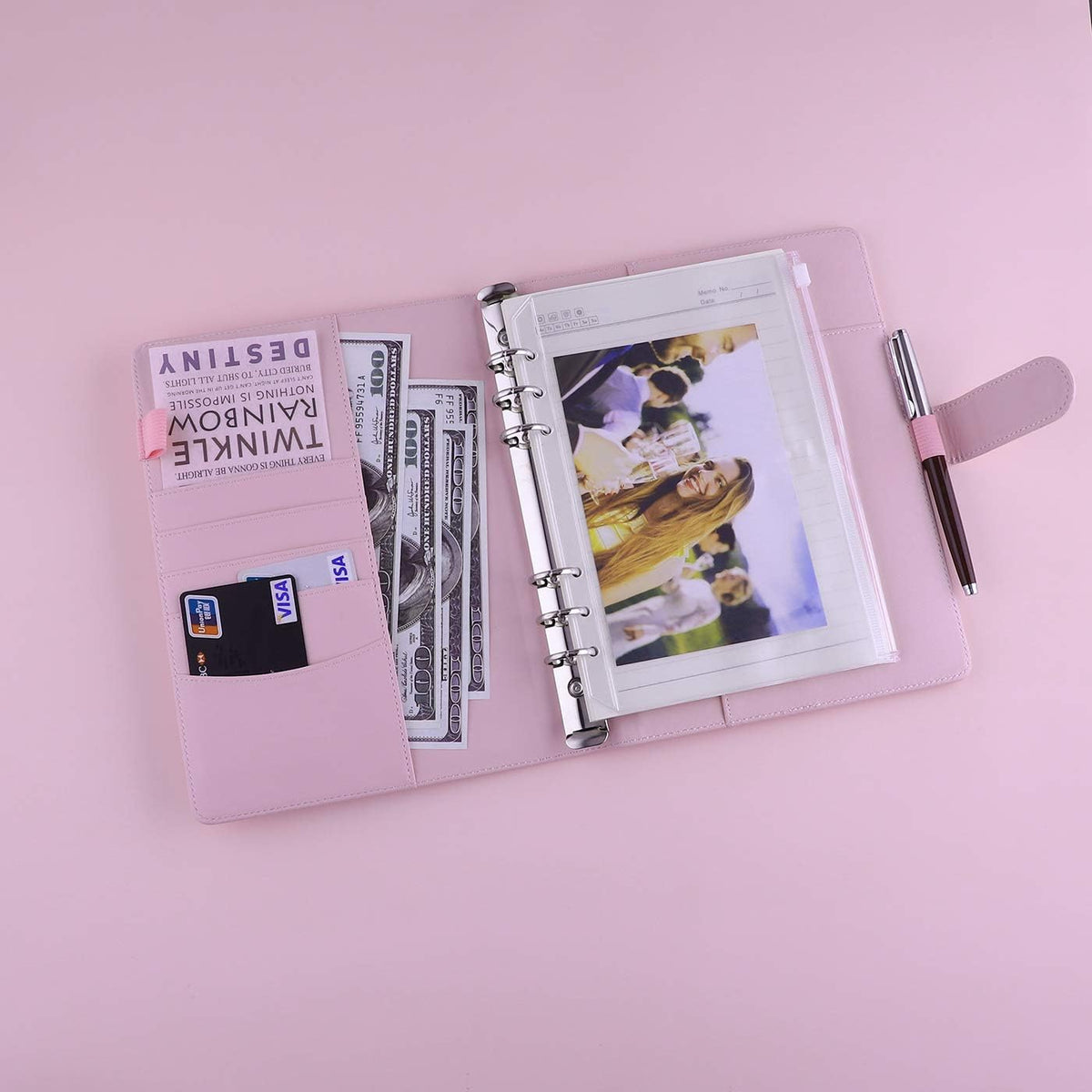 A5 Binder 6 Ring Refillable Notebook Planner Cover for A5 Planner Inserts & Refill Paper, PU Leather Loose Leaf Budget Binder Personal Organizer Kpop Photocard Holder with Magnetic Buckle, Pink