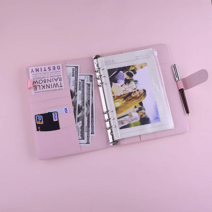 A5 Binder 6 Ring Refillable Notebook Planner Cover for A5 Planner Inserts & Refill Paper, PU Leather Loose Leaf Budget Binder Personal Organizer Kpop Photocard Holder with Magnetic Buckle, Pink