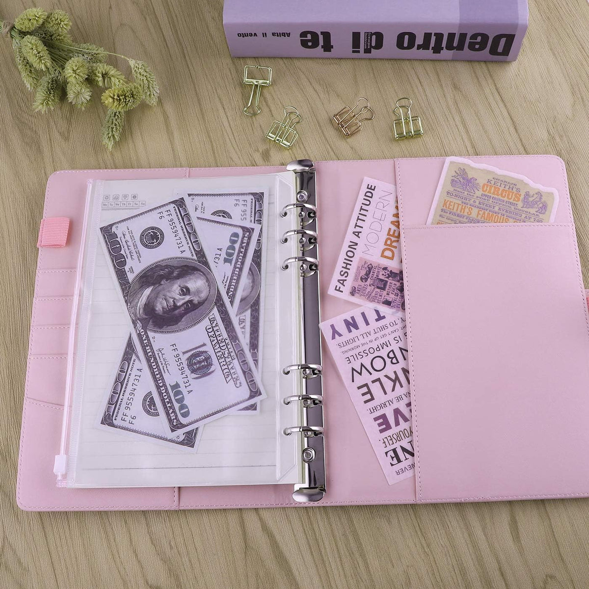 A5 Binder 6 Ring Refillable Notebook Planner Cover for A5 Planner Inserts & Refill Paper, PU Leather Loose Leaf Budget Binder Personal Organizer Kpop Photocard Holder with Magnetic Buckle, Pink