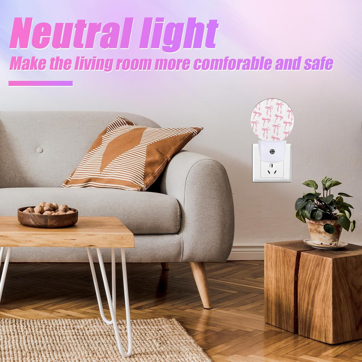 Pink Bow Night Light Ribbon Night Lights LED Lamp Round Plug into Wall Nightlight with Dusk to Dawn Sensor Home Hallway Stairway Kitchen Decor