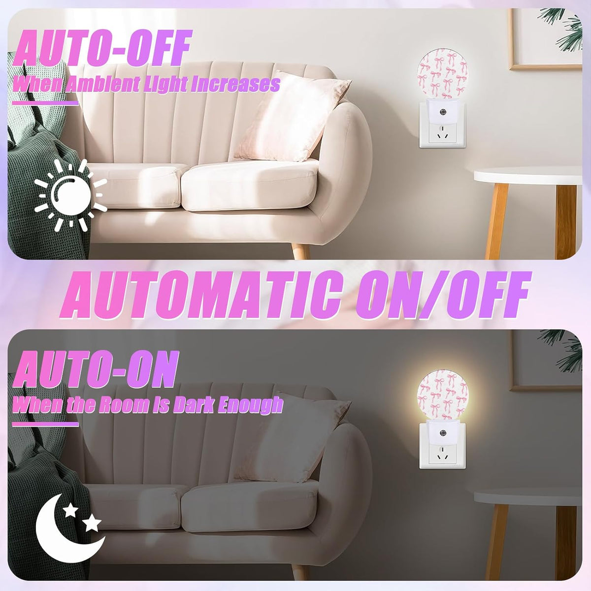 Pink Bow Night Light Ribbon Night Lights LED Lamp Round Plug into Wall Nightlight with Dusk to Dawn Sensor Home Hallway Stairway Kitchen Decor