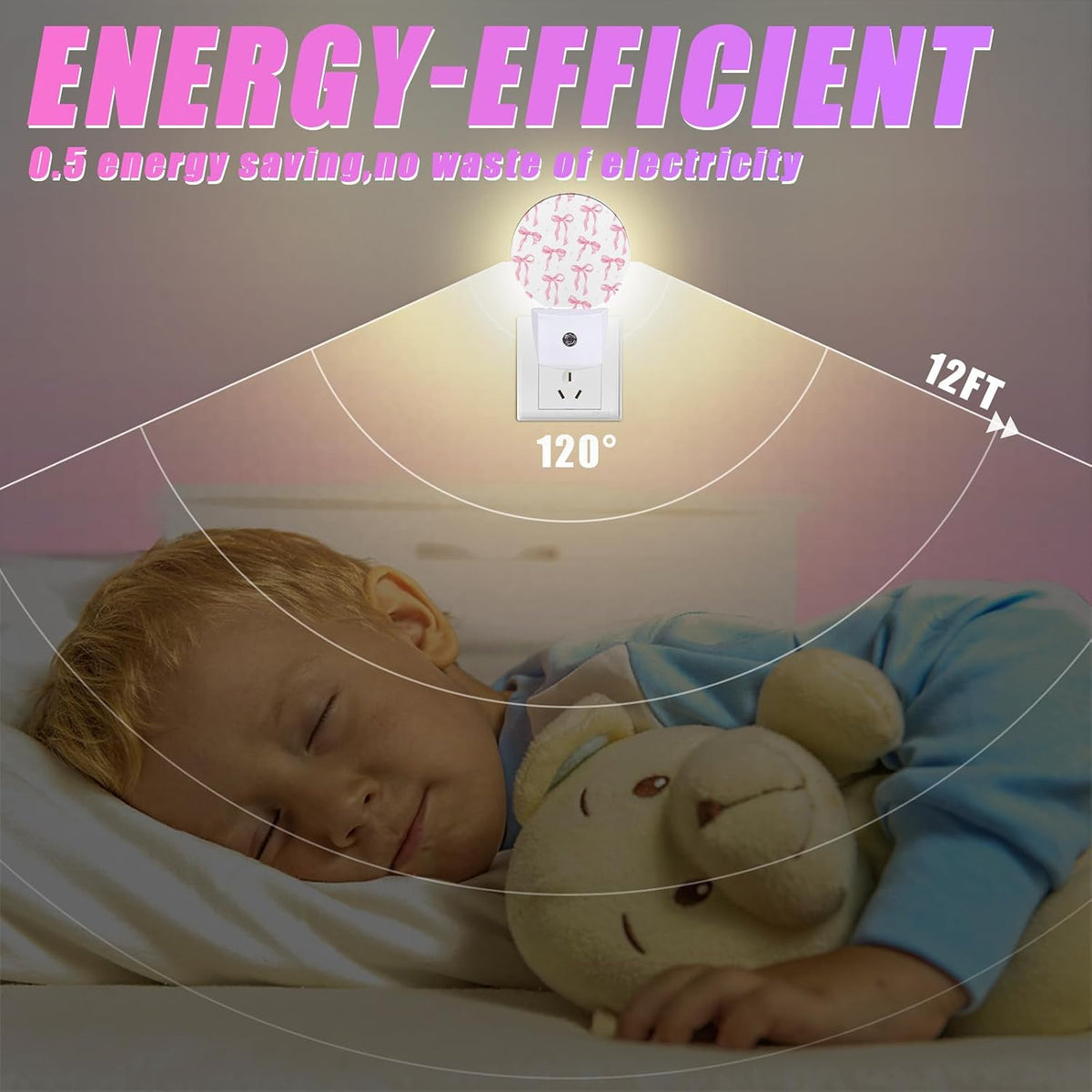 Pink Bow Night Light Ribbon Night Lights LED Lamp Round Plug into Wall Nightlight with Dusk to Dawn Sensor Home Hallway Stairway Kitchen Decor