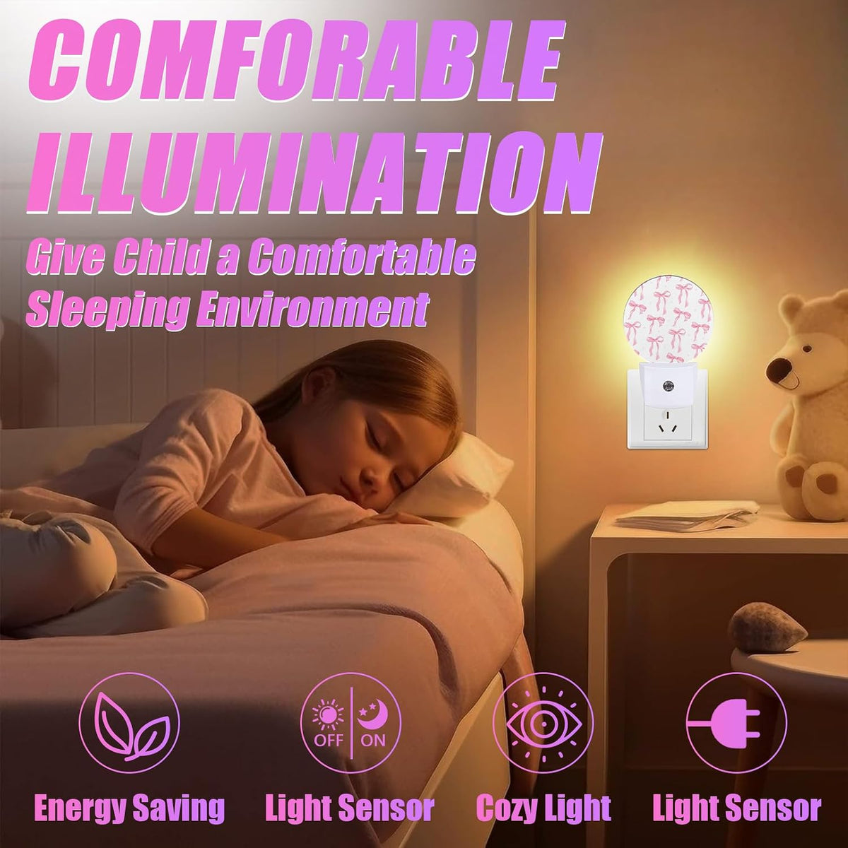 Pink Bow Night Light Ribbon Night Lights LED Lamp Round Plug into Wall Nightlight with Dusk to Dawn Sensor Home Hallway Stairway Kitchen Decor
