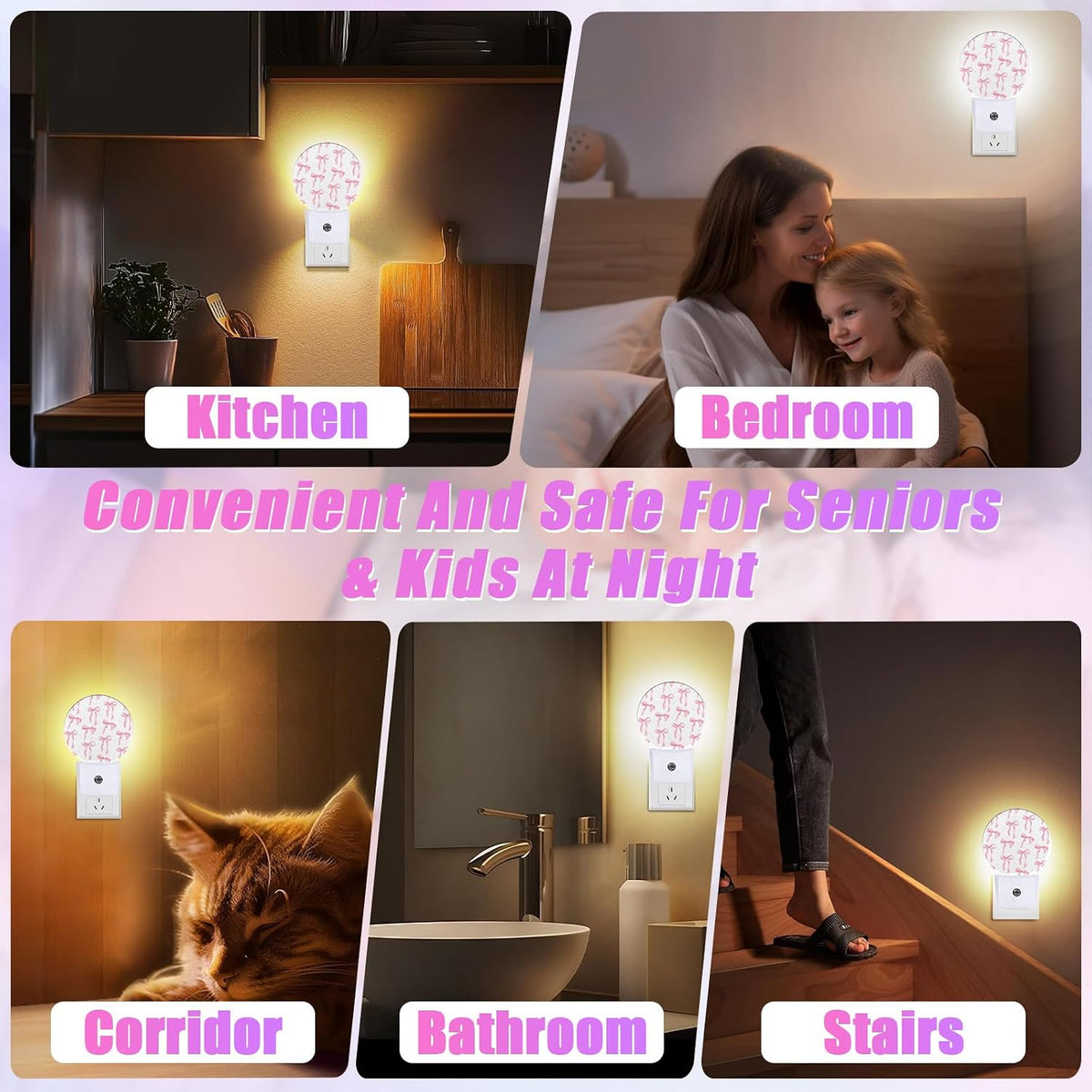 Pink Bow Night Light Ribbon Night Lights LED Lamp Round Plug into Wall Nightlight with Dusk to Dawn Sensor Home Hallway Stairway Kitchen Decor