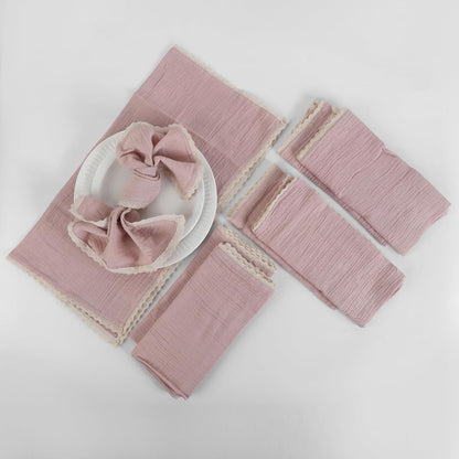 Dinner Cloth Napkin Cotton Muslin Double Gauze 4 Pack with Classic Lace for Everyday Use, Wedding, Party, Christmas, Easter Napkins Cloth are Pre Shrunk and Good Absorbency Peach Wipe