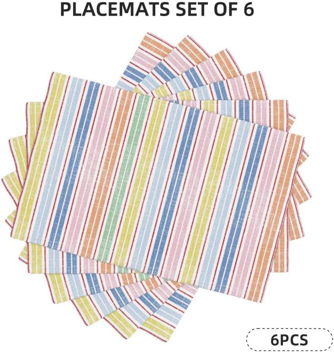 Stripe Placemat Set, Pink White Colourful Streaks Line Repeating Pastel Pattern Home Decor Linen Table Mats for Dining Room Kitchens Party Cafe Festive Banquet Wedding Decor, 18" L x 12" W【6 PCS】