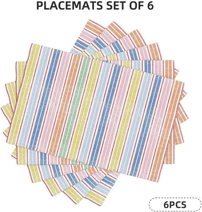 Stripe Placemat Set, Pink White Colourful Streaks Line Repeating Pastel Pattern Home Decor Linen Table Mats for Dining Room Kitchens Party Cafe Festive Banquet Wedding Decor, 18" L x 12" W【6 PCS】