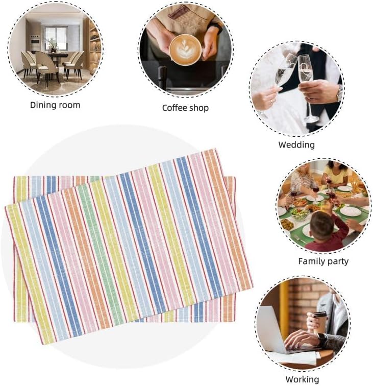 Stripe Placemat Set, Pink White Colourful Streaks Line Repeating Pastel Pattern Home Decor Linen Table Mats for Dining Room Kitchens Party Cafe Festive Banquet Wedding Decor, 18" L x 12" W【6 PCS】