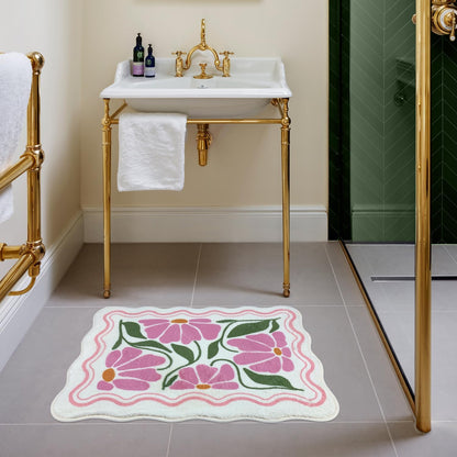 SHIYUE Cute Flower Bath Mat，Ultra Soft and Fluffy Microfiber Water Absorption Non Slip Mat for Bedroom Kitchen Bathroom Rug(18"×26" Pink)