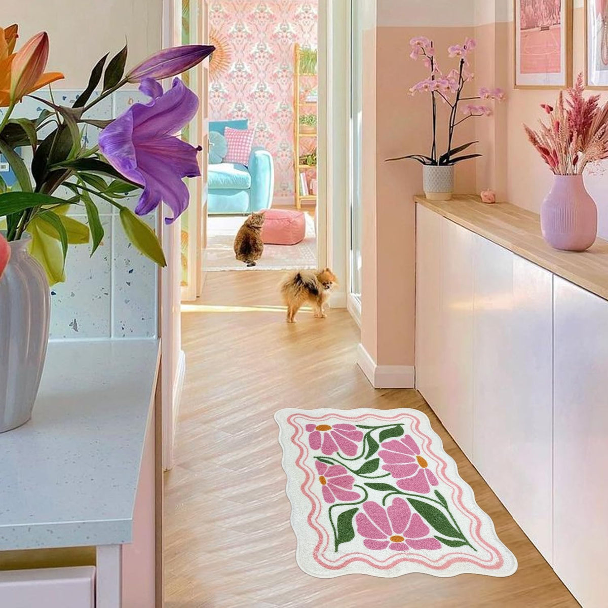 SHIYUE Cute Flower Bath Mat，Ultra Soft and Fluffy Microfiber Water Absorption Non Slip Mat for Bedroom Kitchen Bathroom Rug(18"×26" Pink)