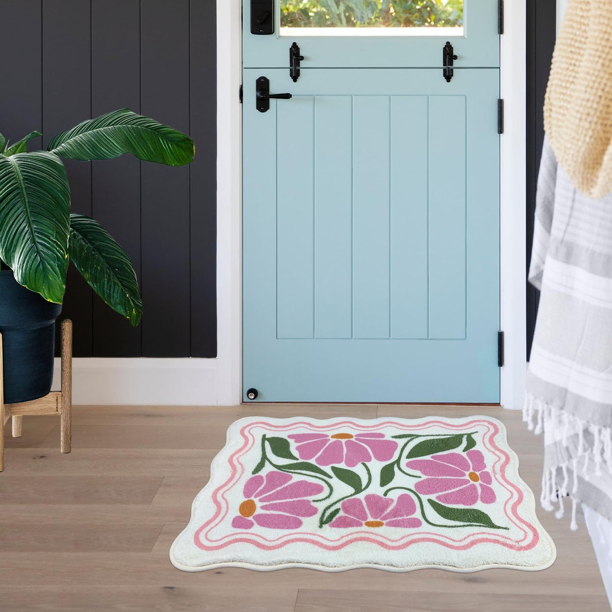 SHIYUE Cute Flower Bath Mat，Ultra Soft and Fluffy Microfiber Water Absorption Non Slip Mat for Bedroom Kitchen Bathroom Rug(18"×26" Pink)