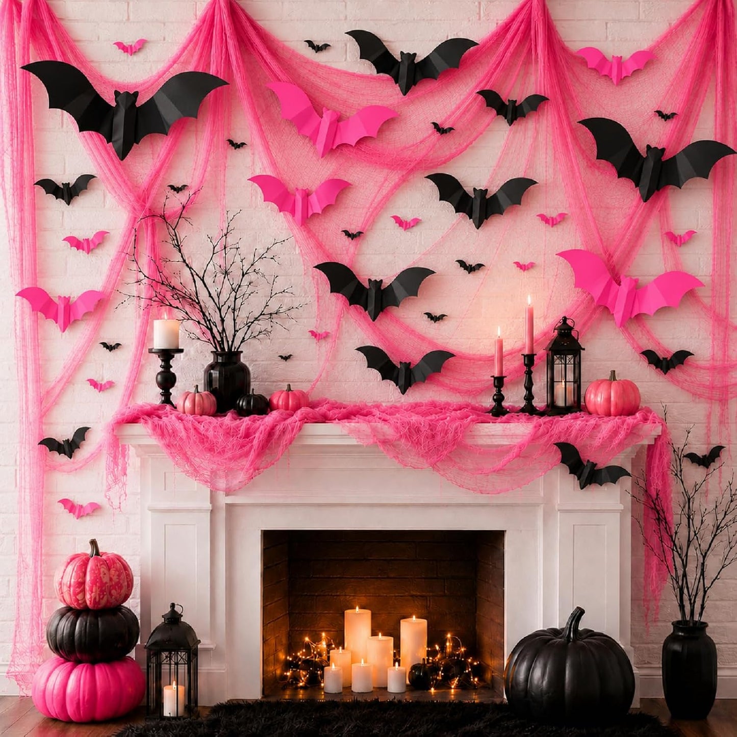 118" x 138" Pink Halloween Party Decoration Gauze, 32 Pcs 3D Bat
