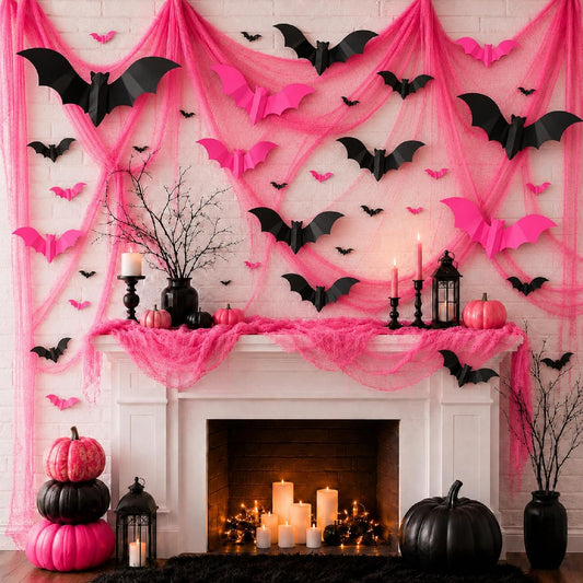 118" x 138" Pink Halloween Party Decoration Gauze, 32 Pcs 3D Bat