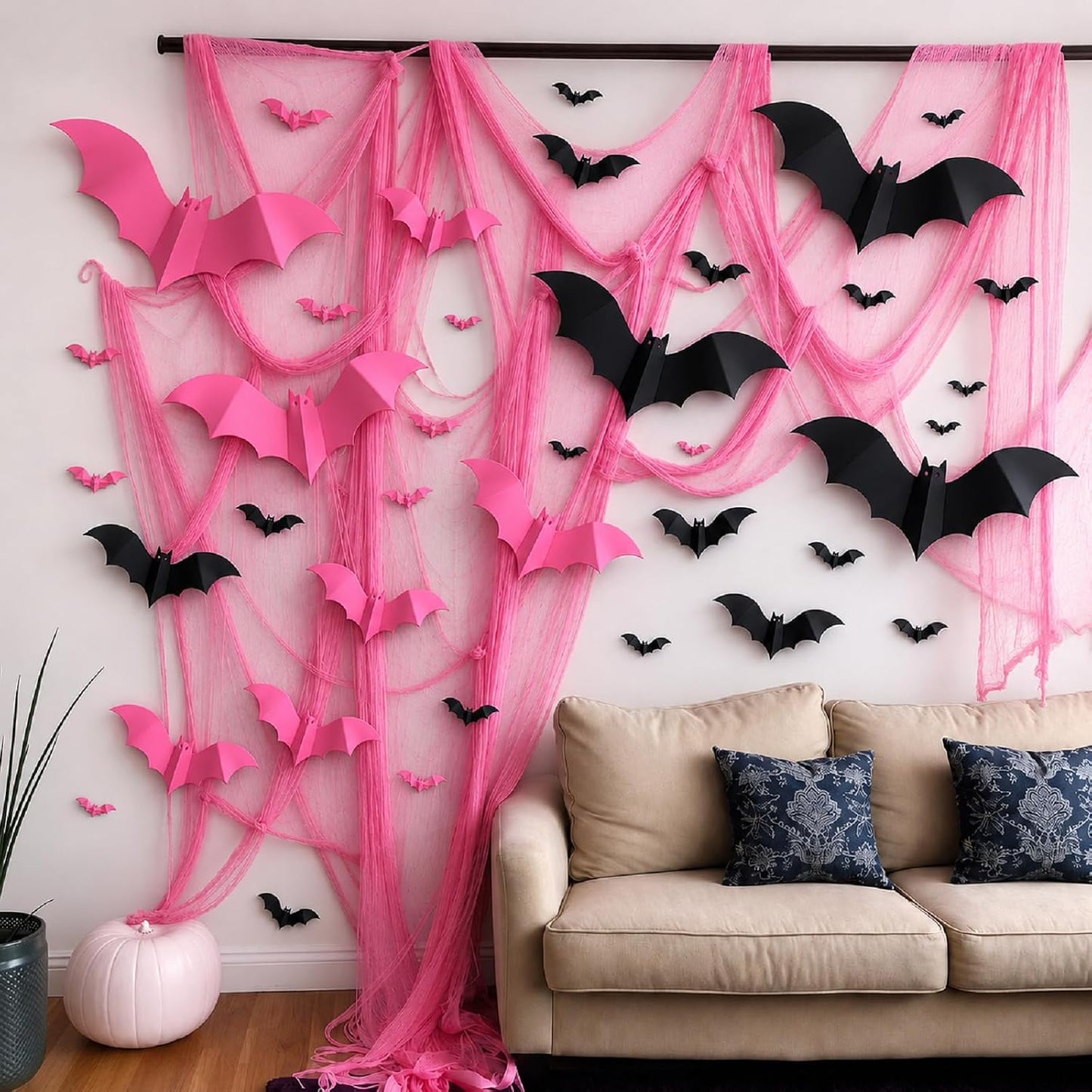 118" x 138" Pink Halloween Party Decoration Gauze, 32 Pcs 3D Bat
