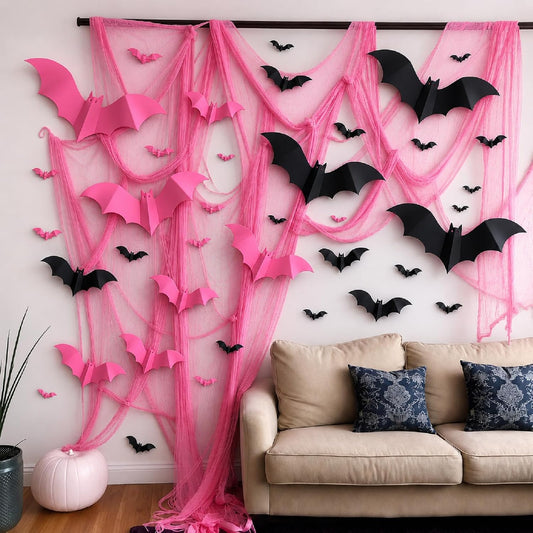 118" x 138" Pink Halloween Party Decoration Gauze, 32 Pcs 3D Bat