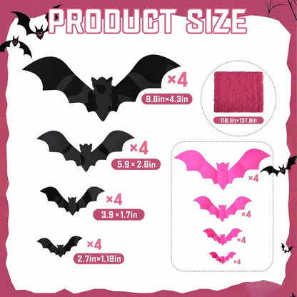 118" x 138" Pink Halloween Party Decoration Gauze, 32 Pcs 3D Bat