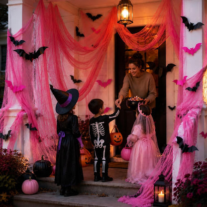 118" x 138" Pink Halloween Party Decoration Gauze, 32 Pcs 3D Bat