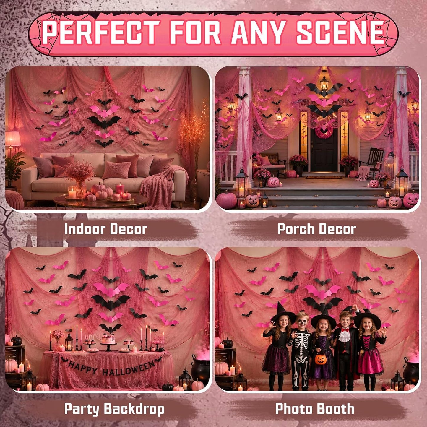 118" x 138" Pink Halloween Party Decoration Gauze, 32 Pcs 3D Bat
