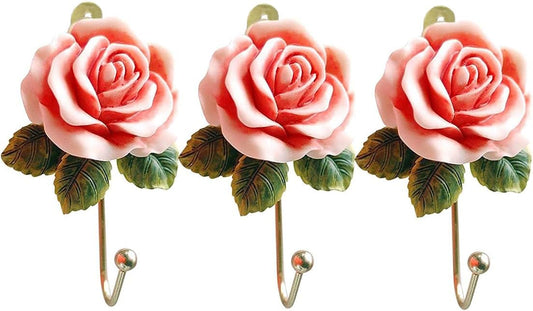 3 Pack Pink Flower Decorative Hooks for Hanging Things, Resin Floral