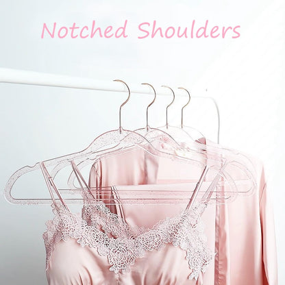Pink Clothes Hangers 16", 20 Pack Plastic Clear Coat Hanger for Adult Closet, Durable Bling Ganchos de Ropa with Swivel Hook, Notched Shoulders & Ultra-Thin Space Saving Laundry Hanger for Dress Suits
