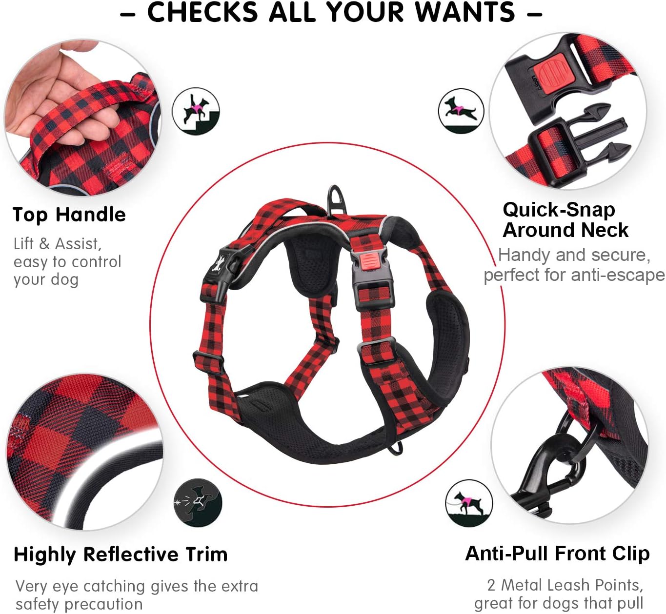 PoyPet No Pull Dog Harness, [Release at Neck] Reflective Adjustable No Choke Pet Vest with Front & Back 2 Leash Attachments, Soft Control Training Handle, Plaid(Checkered Red, L)
