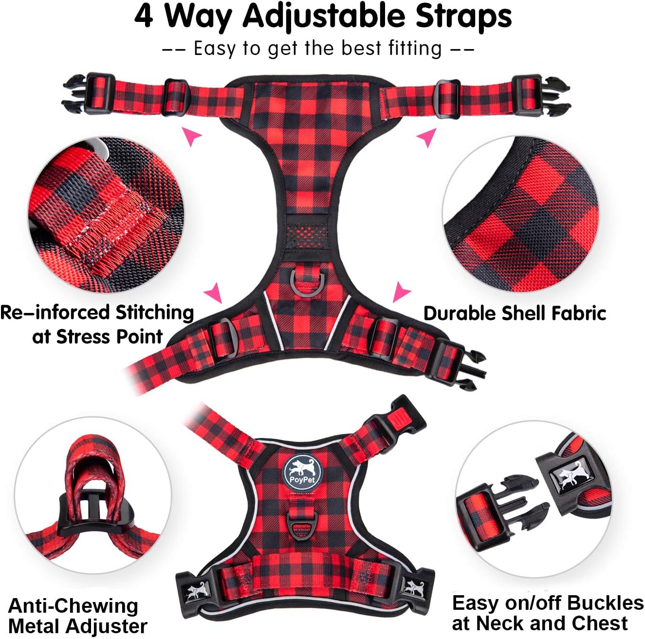 PoyPet No Pull Dog Harness, [Release at Neck] Reflective Adjustable No Choke Pet Vest with Front & Back 2 Leash Attachments, Soft Control Training Handle, Plaid(Checkered Red, L)