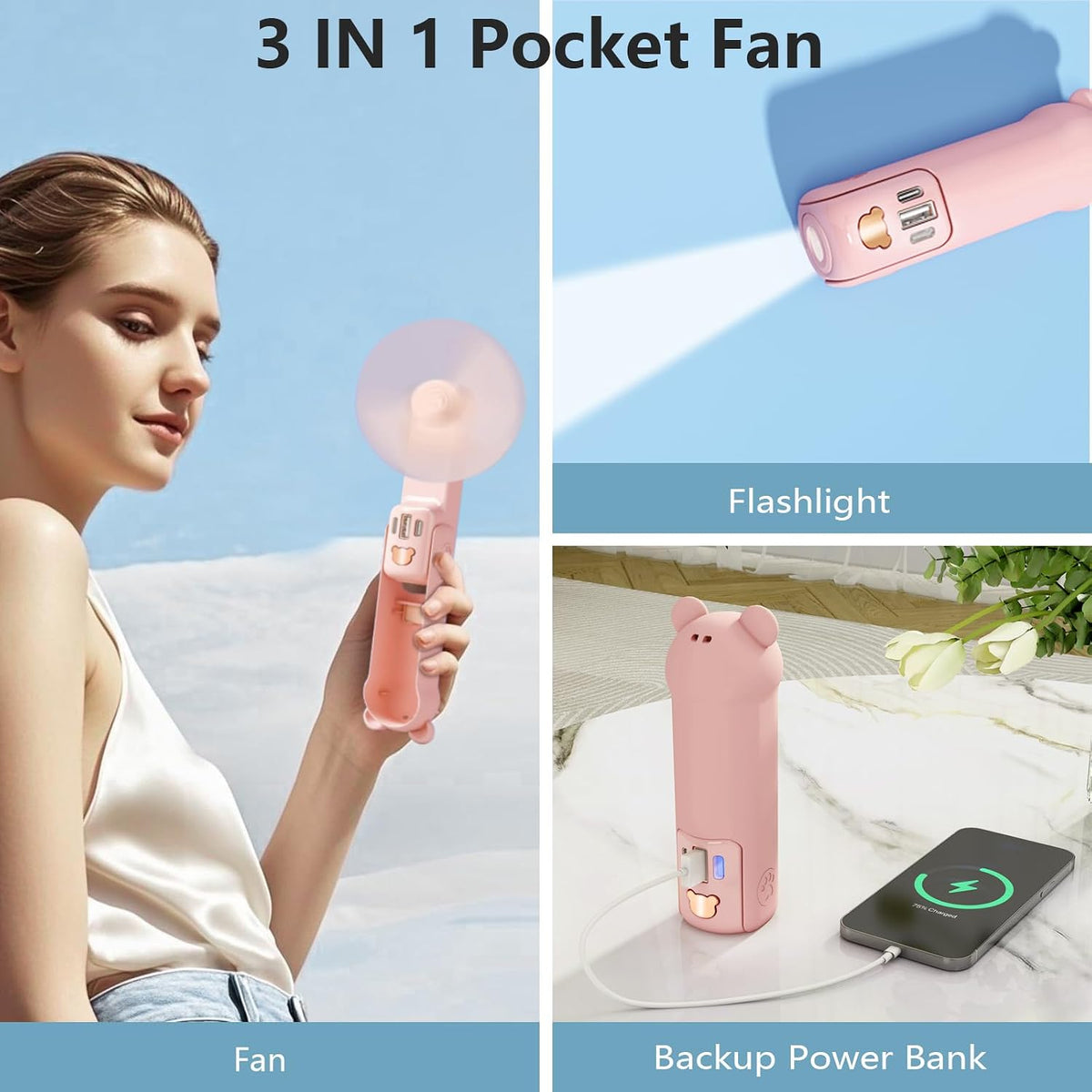 Portable Handheld Fan, Small Mini Foldable Personal Fan [26H Max Cooling Time], 3 IN 1 USB Rechargeable for Travel Outdoor,Gifts for Women (Pink)