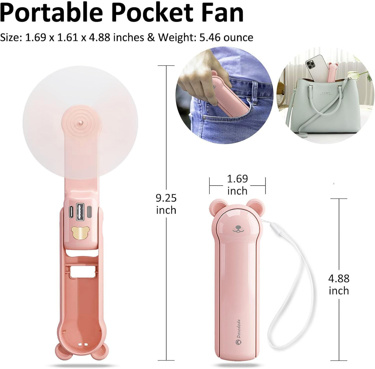 Portable Handheld Fan, Small Mini Foldable Personal Fan [26H Max Cooling Time], 3 IN 1 USB Rechargeable for Travel Outdoor,Gifts for Women (Pink)