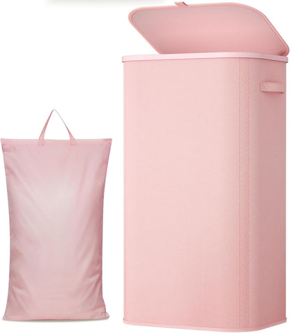 105L Large Laundry Basket with Lid, Laundry Hamper with Plastic Handles and Removable Bag, Foldable Tall Dirty Clothes Hampers for Laundry for Laundry Room, Bedroom, Bathroom, Dorm, Pink