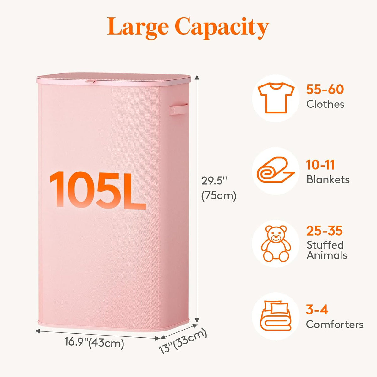 105L Large Laundry Basket with Lid, Laundry Hamper with Plastic Handles and Removable Bag, Foldable Tall Dirty Clothes Hampers for Laundry for Laundry Room, Bedroom, Bathroom, Dorm, Pink