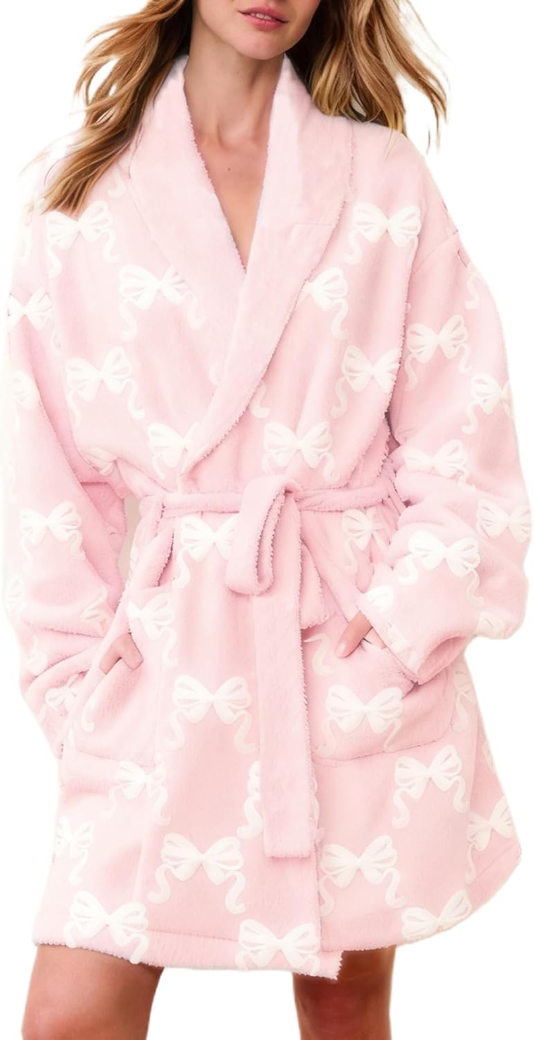 Women Valentines Heart/Bowknot Print Fleece Robe Long Sleeve Shawl Collar Bathrobe Flannel Lounge Sleepwear Pockets