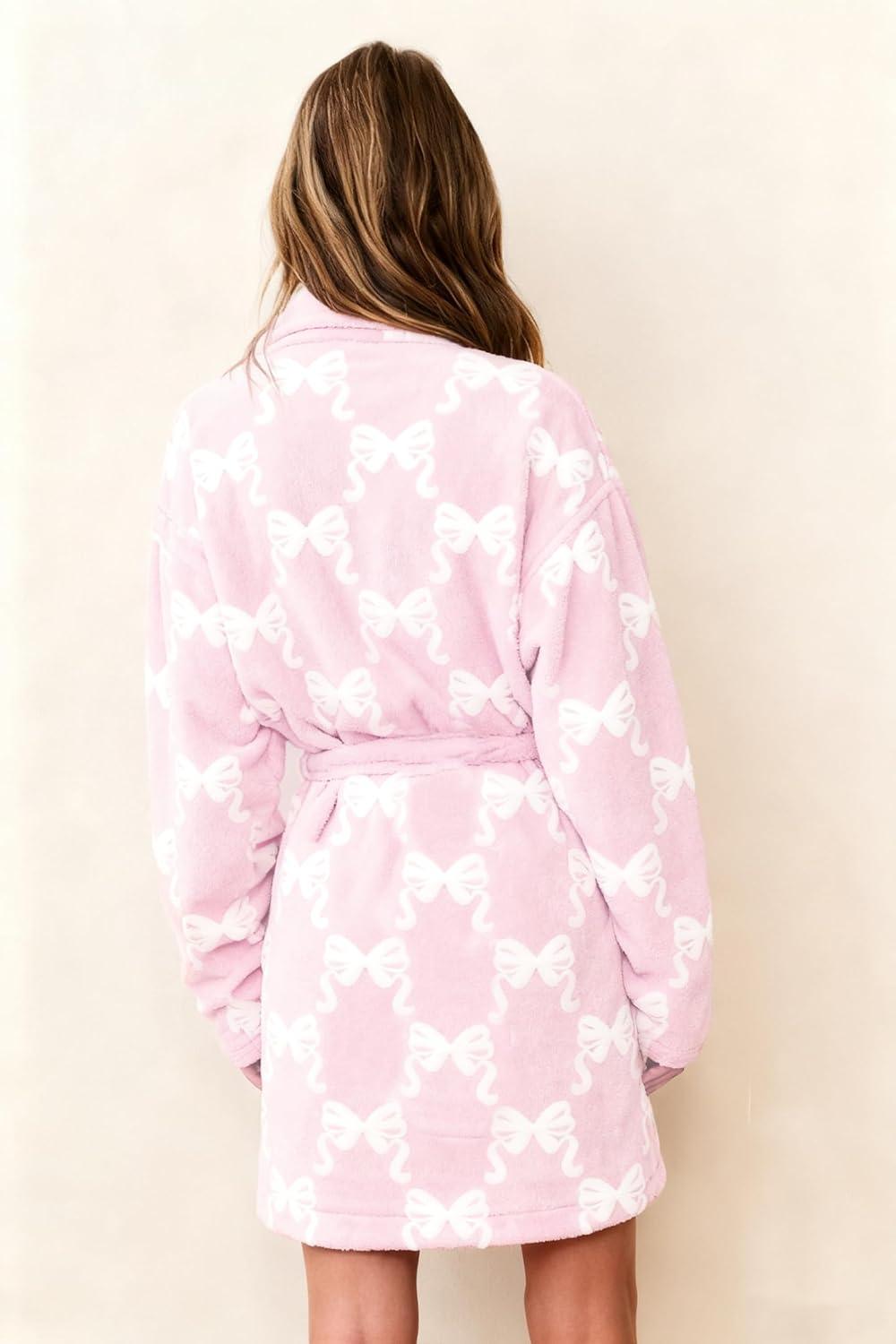Women Valentines Heart/Bowknot Print Fleece Robe Long Sleeve Shawl Collar Bathrobe Flannel Lounge Sleepwear Pockets