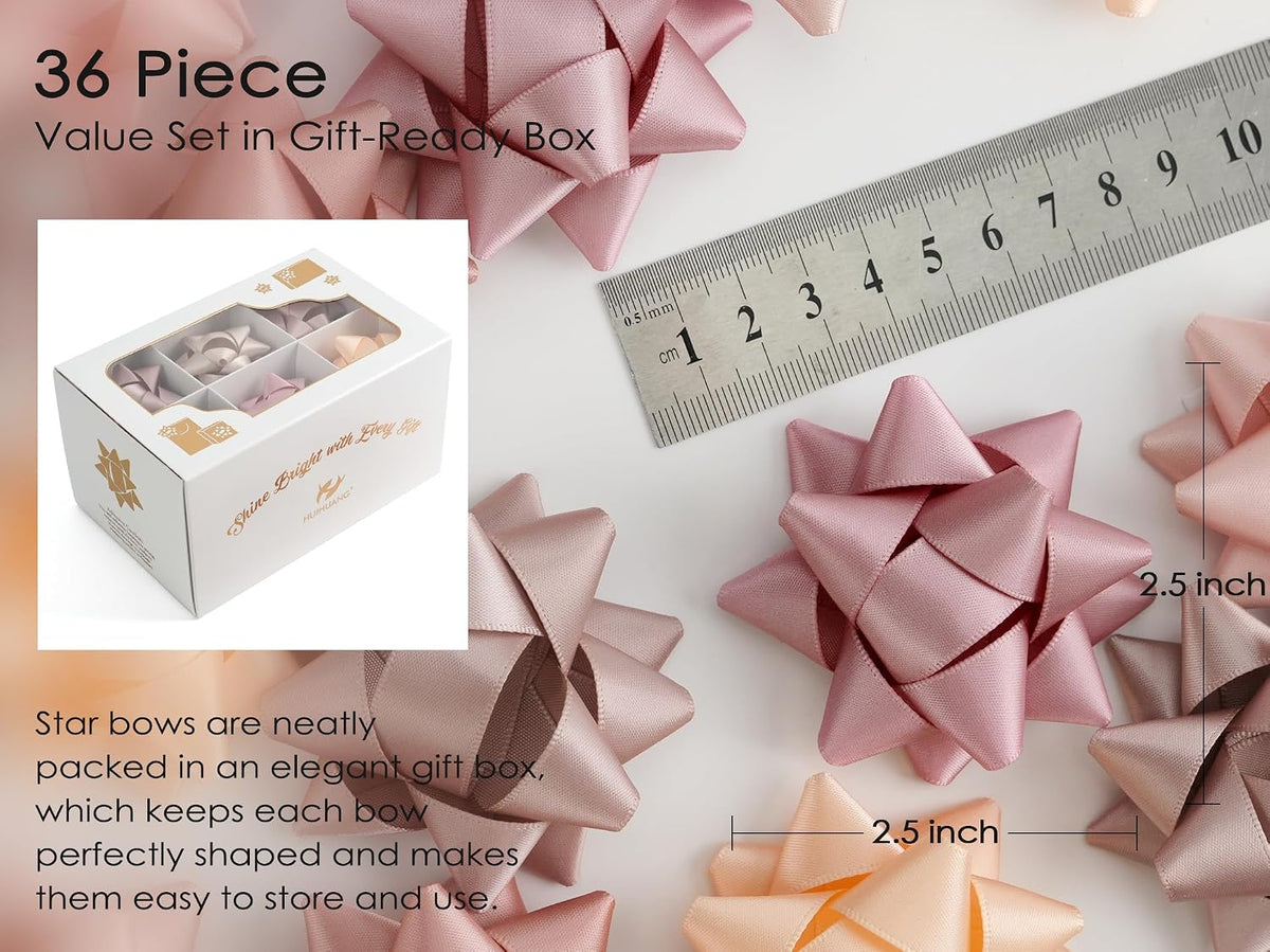 36 Pcs Dusty Rose Bows for Gift Wrapping Self Adhesive Satin Star Bows 2.5 inch Peach/Rose Gold/Rose Pink/Dusty Rose/Vanilla/Mauve Gift Bow for Presents Bridal Shower Wedding Favors