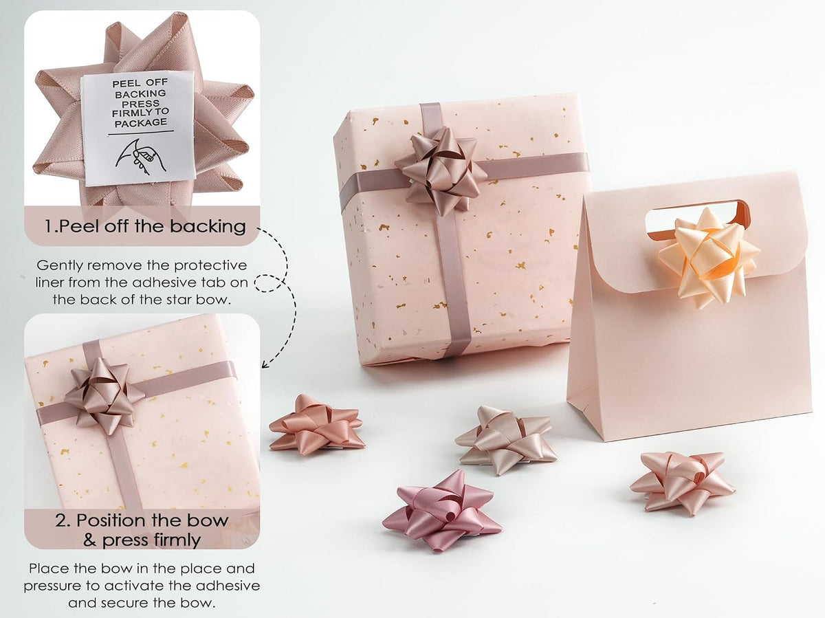 36 Pcs Dusty Rose Bows for Gift Wrapping Self Adhesive Satin Star Bows 2.5 inch Peach/Rose Gold/Rose Pink/Dusty Rose/Vanilla/Mauve Gift Bow for Presents Bridal Shower Wedding Favors