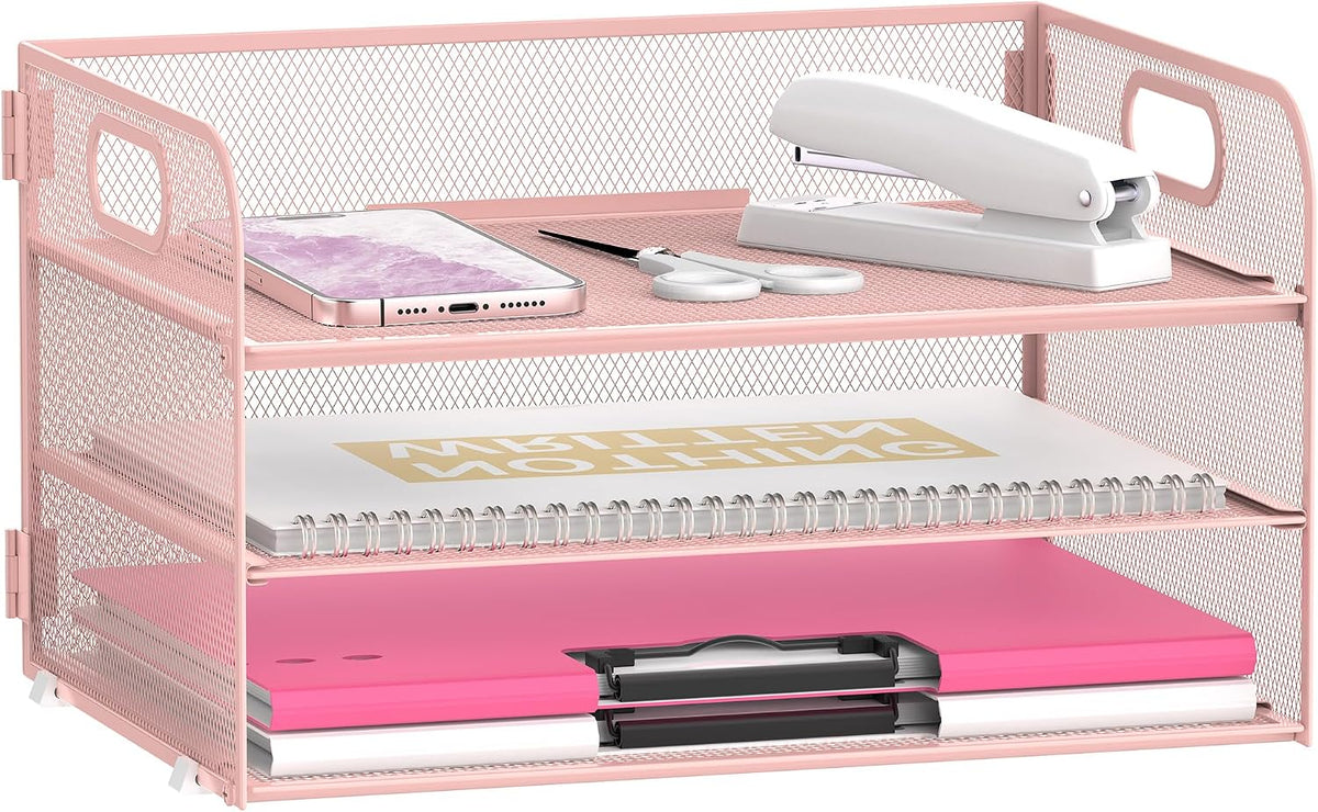 3 Tier Paper Organizer for Desk, Sliding Paper Trays, Pink