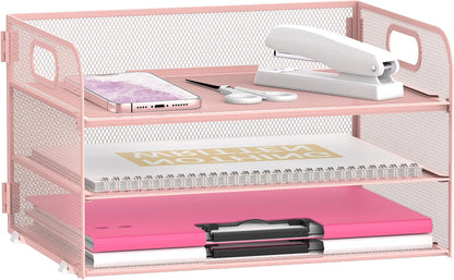 3 Tier Paper Organizer for Desk, Sliding Paper Trays, Pink