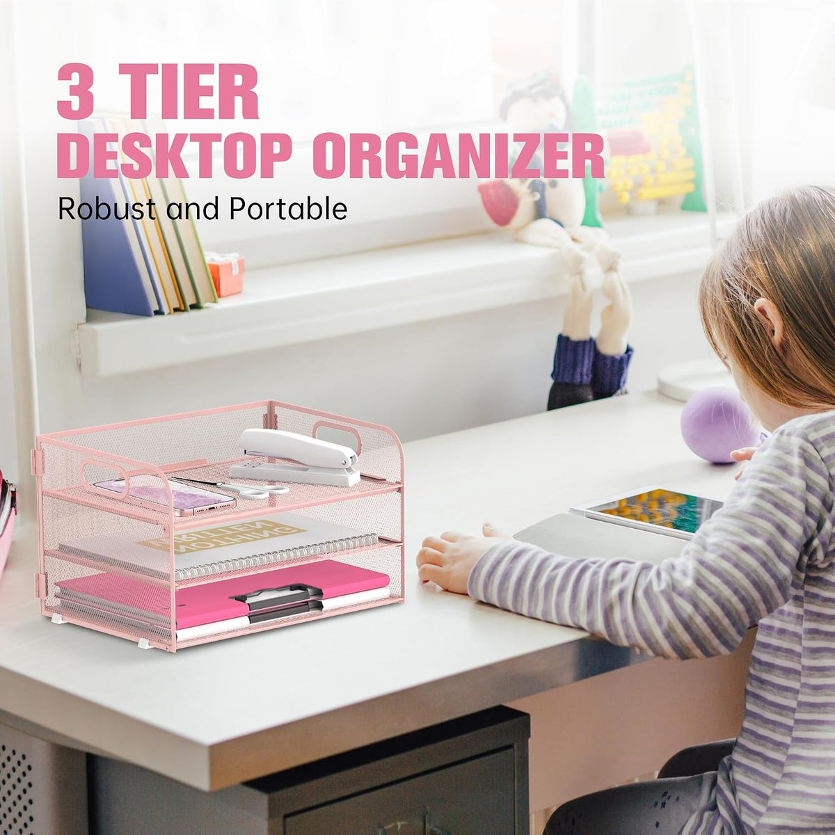 3 Tier Paper Organizer for Desk, Sliding Paper Trays, Pink