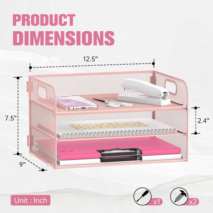 3 Tier Paper Organizer for Desk, Sliding Paper Trays, Pink