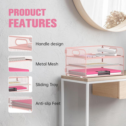 3 Tier Paper Organizer for Desk, Sliding Paper Trays, Pink