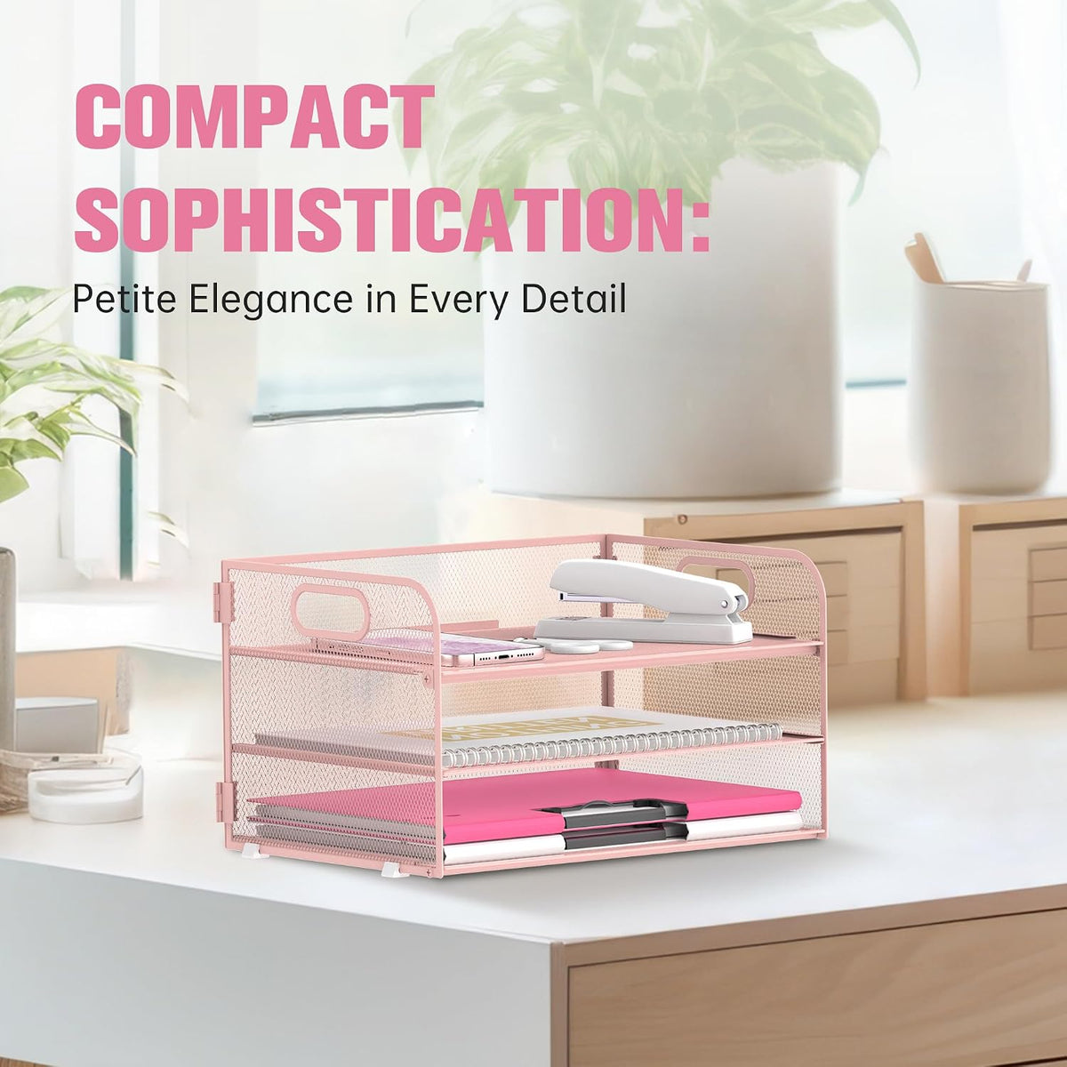 3 Tier Paper Organizer for Desk, Sliding Paper Trays, Pink